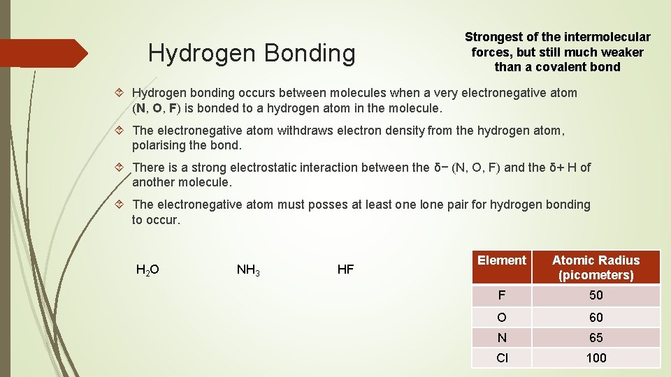 Hydrogen Bonding Strongest of the intermolecular forces, but still much weaker than a covalent