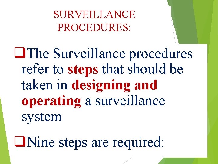 SURVEILLANCE PROCEDURES: q. The Surveillance procedures refer to steps that should be taken in
