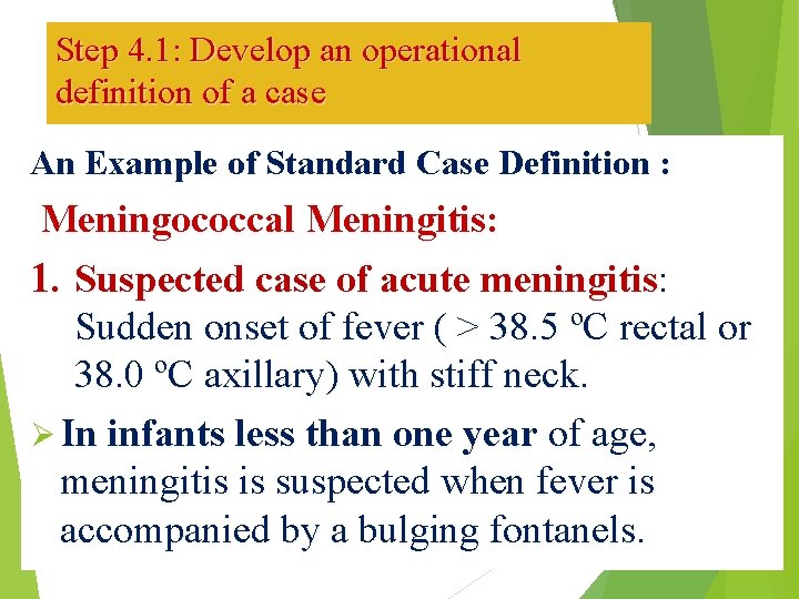 Step 4. 1: Develop an operational definition of a case An Example of Standard