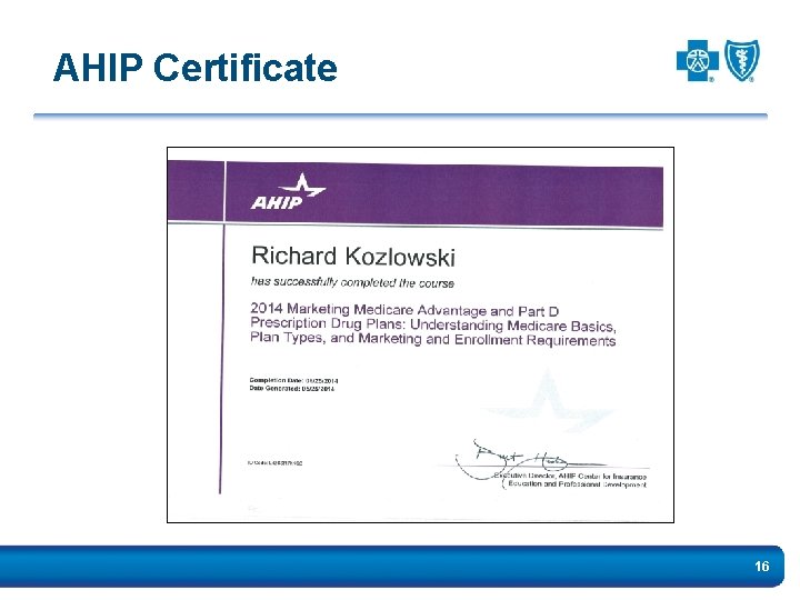AHIP Certificate 16 