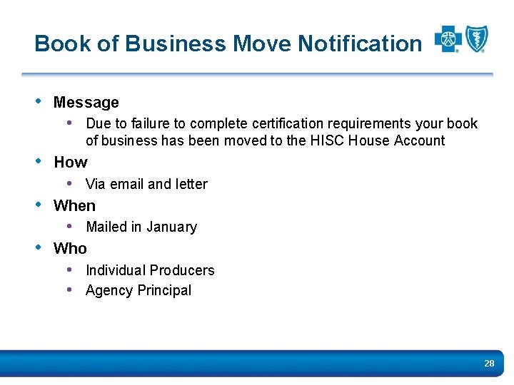 Book of Business Move Notification • Message • Due to failure to complete certification