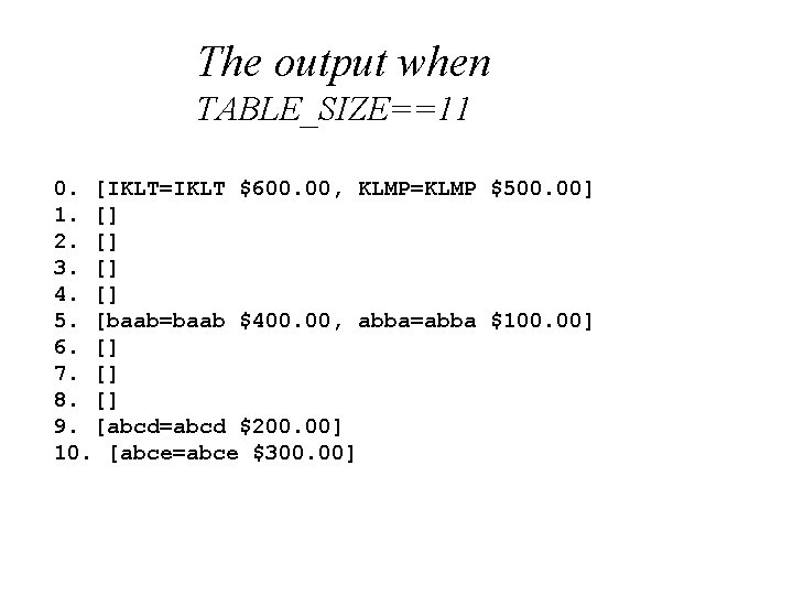 The output when TABLE_SIZE==11 0. [IKLT=IKLT $600. 00, KLMP=KLMP $500. 00] 1. [] 2.