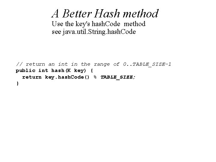 A Better Hash method Use the key's hash. Code method see java. util. String.