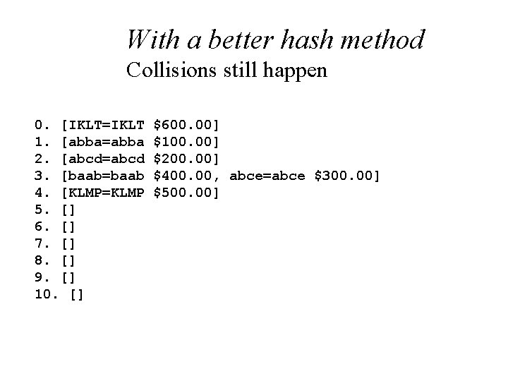 With a better hash method Collisions still happen 0. [IKLT=IKLT 1. [abba=abba 2. [abcd=abcd