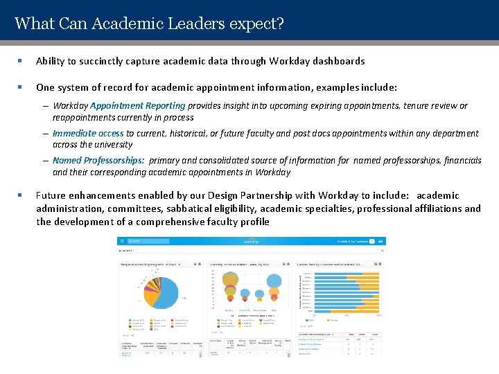 What Can Academic Leaders expect? § Ability to succinctly capture academic data through Workday