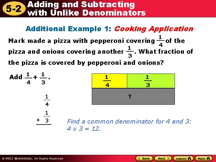 Adding and Subtracting 5 -2 with Unlike Denominators Additional Example 1: Cooking Application 1