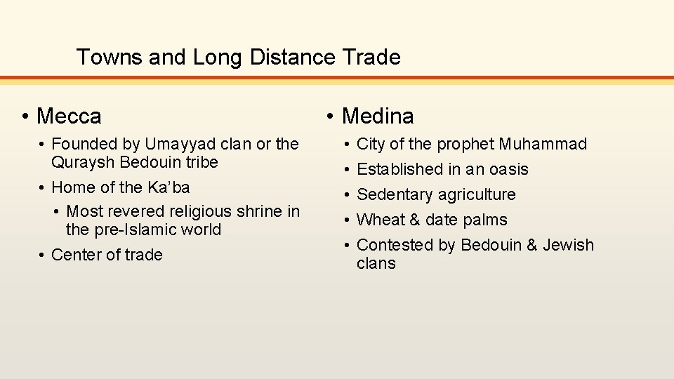 Towns and Long Distance Trade • Mecca • Founded by Umayyad clan or the