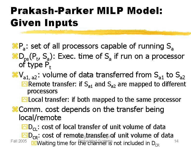 Prakash-Parker MILP Model: Given Inputs z Pa: set of all processors capable of running