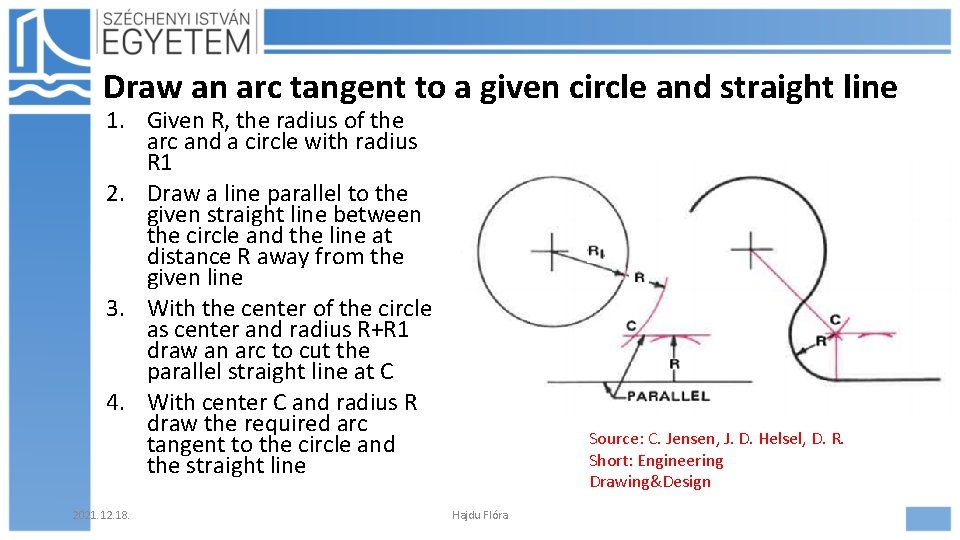 Draw an arc tangent to a given circle and straight line 1. Given R,