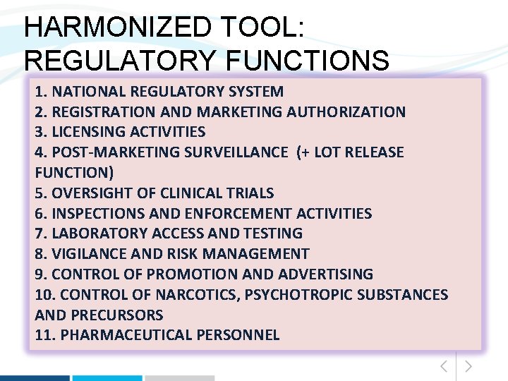 HARMONIZED TOOL: REGULATORY FUNCTIONS 1. NATIONAL REGULATORY SYSTEM 2. REGISTRATION AND MARKETING AUTHORIZATION 3.