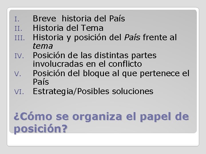 I. III. IV. V. VI. Breve historia del País Historia del Tema Historia y