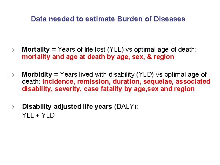 Data needed to estimate Burden of Diseases Þ Mortality = Years of life lost