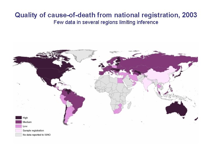 Quality of cause-of-death from national registration, 2003 Few data in several regions limiting inference
