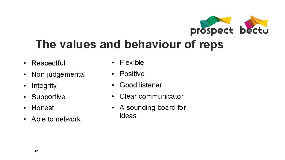 The values and behaviour of reps • Respectful • Flexible • Non-judgemental • Positive