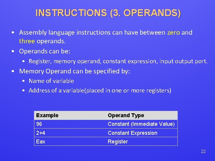 INSTRUCTIONS (3. OPERANDS) • Assembly language instructions can have between zero and three operands.