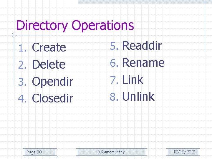 Directory Operations 1. Create 5. Readdir 2. Delete 6. Rename 3. Opendir 7. Link