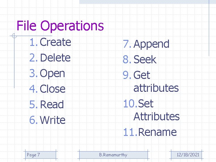 File Operations 1. Create 2. Delete 3. Open 4. Close 5. Read 6. Write