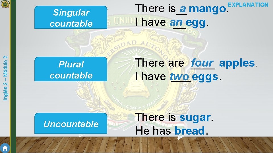 Inglés 2 – Módulo 2 EXPLANATION Singular countable There is a mango. I have