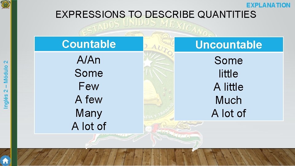 EXPLANATION Inglés 2 – Módulo 2 EXPRESSIONS TO DESCRIBE QUANTITIES Countable A/An Some Few