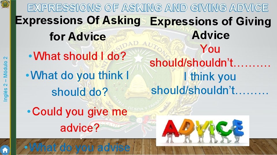 Inglés 2 – Módulo 2 EXPRESSIONS OF ASKING AND GIVING ADVICE Expressions Of Asking