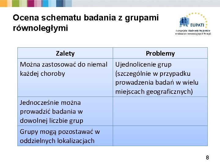Ocena schematu badania z grupami równoległymi Zalety Można zastosować do niemal każdej choroby Europejska