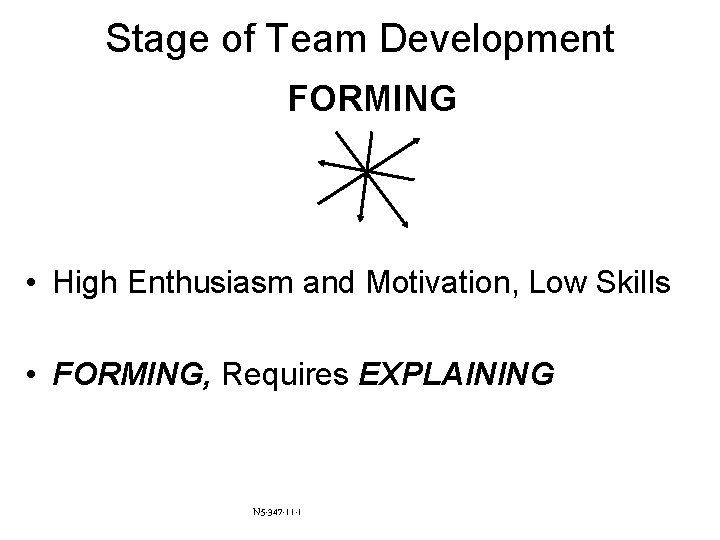 Stage of Team Development FORMING • High Enthusiasm and Motivation, Low Skills • FORMING,