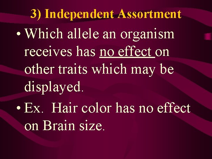 3) Independent Assortment • Which allele an organism receives has no effect on other