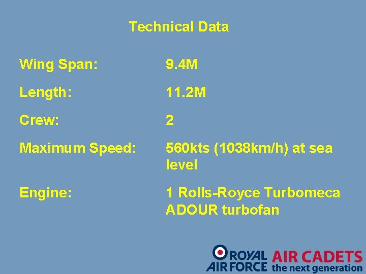 Technical Data Wing Span: 9. 4 M Length: 11. 2 M Crew: 2 Maximum