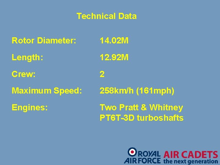 Technical Data Rotor Diameter: 14. 02 M Length: 12. 92 M Crew: 2 Maximum