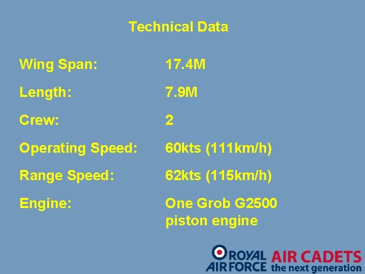 Technical Data Wing Span: 17. 4 M Length: 7. 9 M Crew: 2 Operating