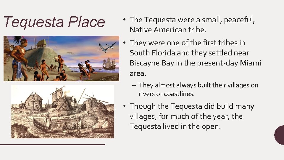 Tequesta Place • The Tequesta were a small, peaceful, Native American tribe. • They