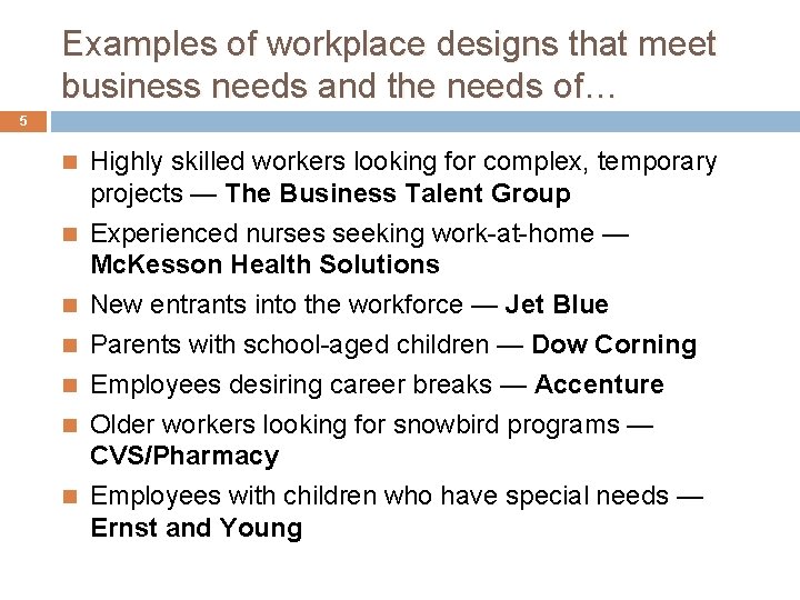 Examples of workplace designs that meet business needs and the needs of… 5 Highly