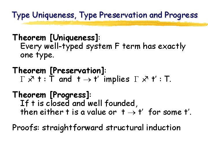 Type Uniqueness, Type Preservation and Progress Theorem [Uniqueness]: Every well-typed system F term has