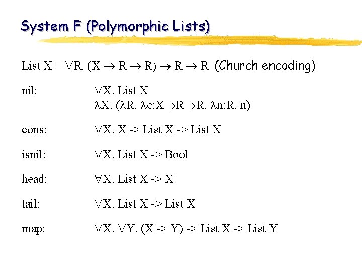 System F (Polymorphic Lists) List X = R. (X R R) R R (Church