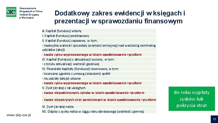 Stowarzyszenie Księgowych w Polsce Oddział Okręgowy w Warszawie Dodatkowy zakres ewidencji w księgach i