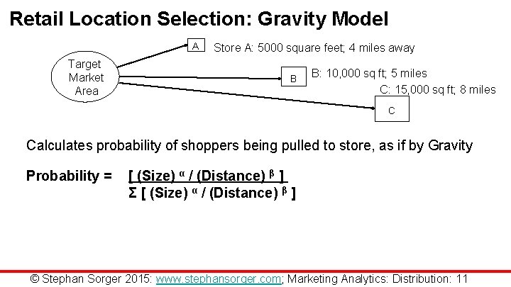 Retail Location Selection: Gravity Model A Target Market Area Store A: 5000 square feet;