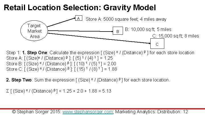 Retail Location Selection: Gravity Model A Store A: 5000 square feet; 4 miles away