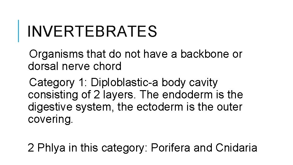 INVERTEBRATES Organisms that do not have a backbone or dorsal nerve chord Category 1:
