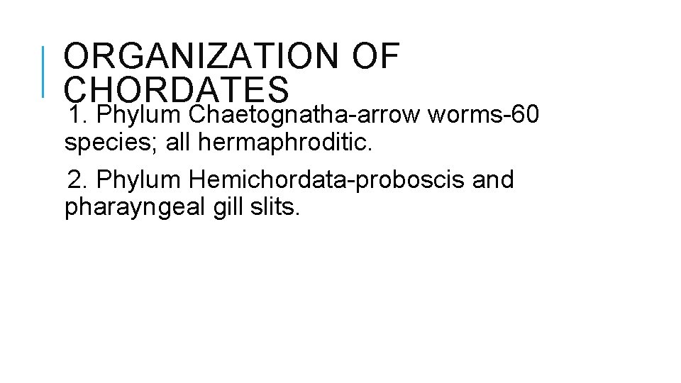 ORGANIZATION OF CHORDATES 1. Phylum Chaetognatha-arrow worms-60 species; all hermaphroditic. 2. Phylum Hemichordata-proboscis and
