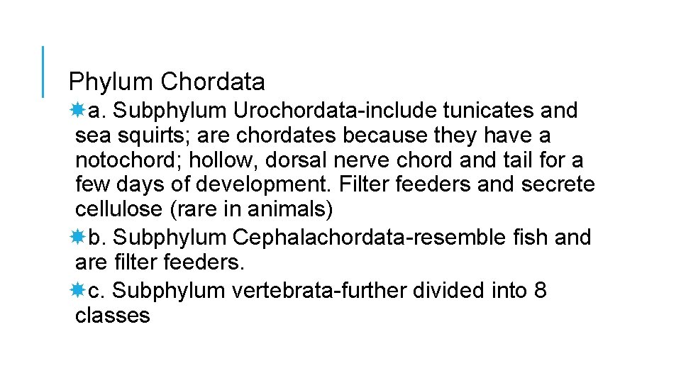 Phylum Chordata a. Subphylum Urochordata-include tunicates and sea squirts; are chordates because they have