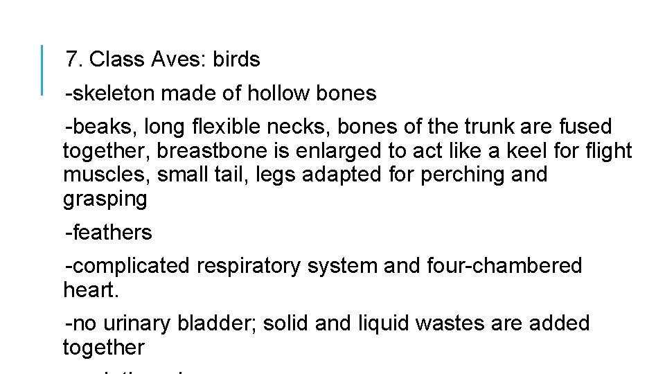7. Class Aves: birds -skeleton made of hollow bones -beaks, long flexible necks, bones