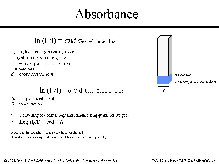 Absorbance ln (Io/I) = snd (Beer –Lambert law) Io = light intensity entering cuvet