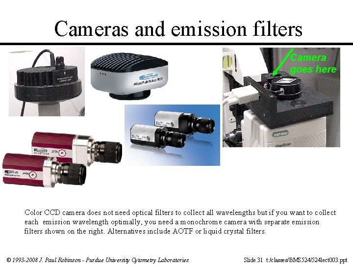 Cameras and emission filters Camera goes here Color CCD camera does not need optical