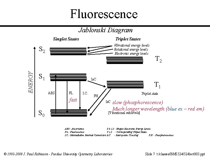 Fluorescence Jablonski Diagram Singlet States Triplet States Vibrational energy levels Rotational energy levels Electronic