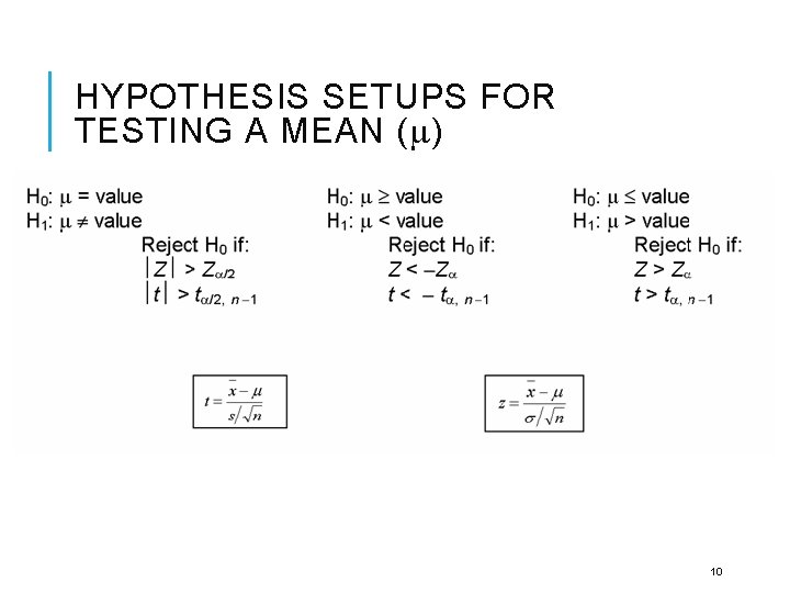 HYPOTHESIS SETUPS FOR TESTING A MEAN ( ) 10 