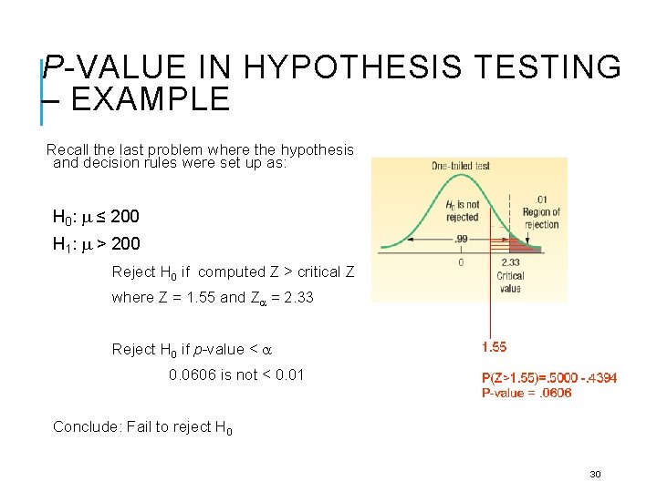 P-VALUE IN HYPOTHESIS TESTING – EXAMPLE Recall the last problem where the hypothesis and