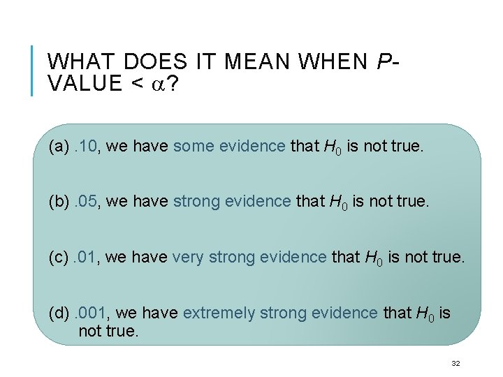 WHAT DOES IT MEAN WHEN PVALUE < ? (a). 10, we have some evidence