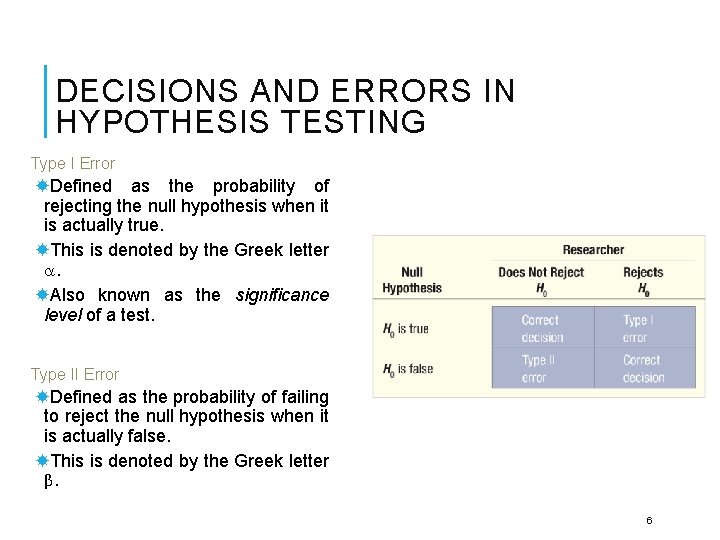 DECISIONS AND ERRORS IN HYPOTHESIS TESTING Type I Error Defined as the probability of