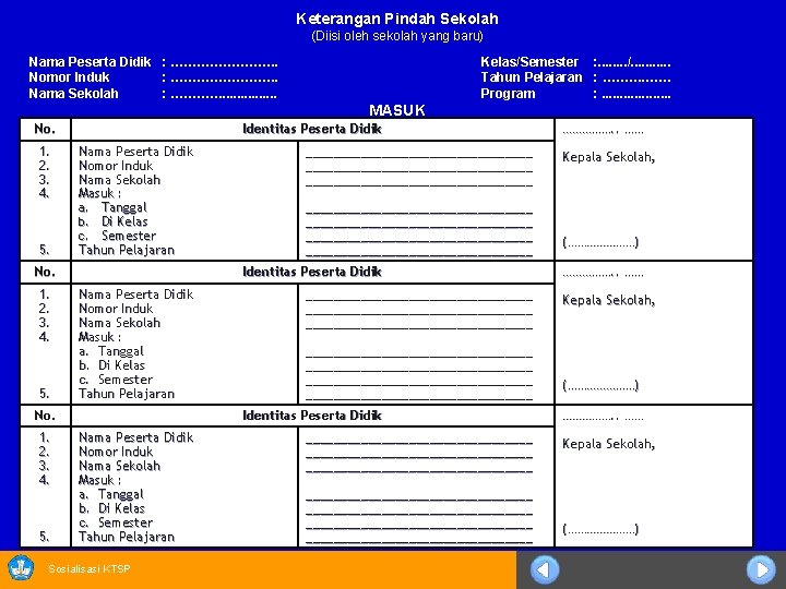 Keterangan Pindah Sekolah (Diisi oleh sekolah yang baru) Nama Peserta Didik : …………. Nomor