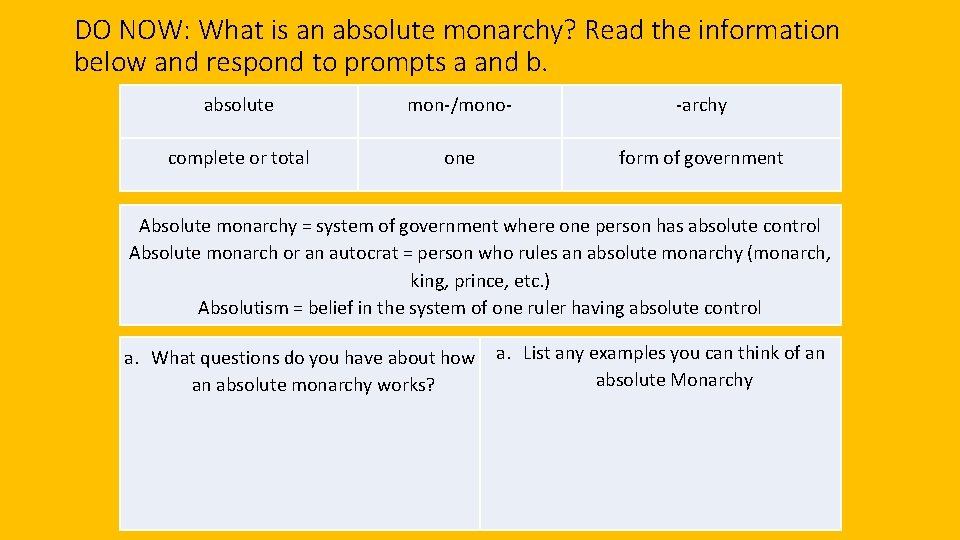 DO NOW: What is an absolute monarchy? Read the information below and respond to